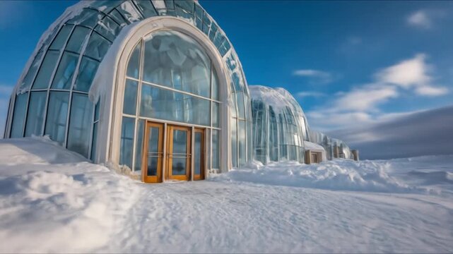 Modern igloo architecture against cloudy sky winter landscape