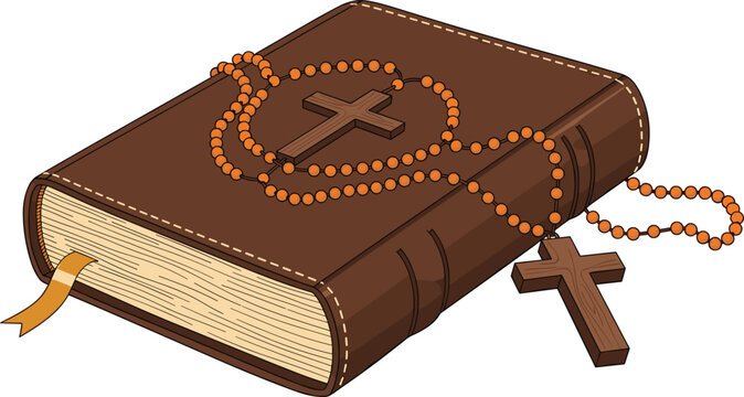 Holy Bible with rosary beads and wooden cross, Christian religious vector illustration, sacred scripture and faith symbol, isolated on light background, detailed design