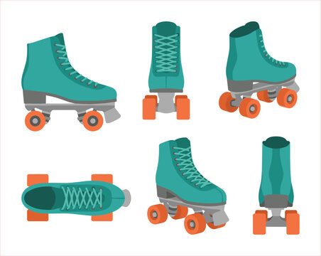 Turquoise Quad Roller Skates Displayed From Multiple Angles: Side, Front, Back, and Top Views