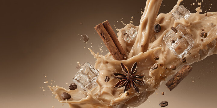 Rich cold coffee milkshake with flying hazelnuts, chocolate pieces and coffee grains, appetizing beverage for branding and packaging