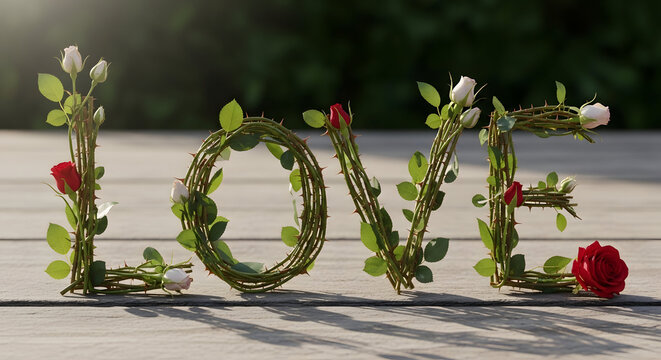 Vine Lettering
Floral LOVE Sign
Green Typography Art
Rose-Adorned Letters
Botanical Wordscape