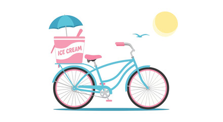 Fototapeta premium Colorful bicycle with ice cream container and umbrella on a sunny day