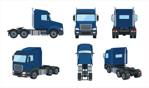 Diverse Blue Semi-Truck Views: Front, Rear, Side, and Angled Perspectives