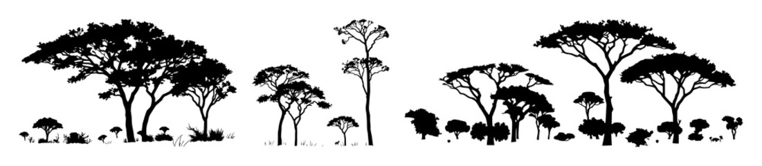 Obraz premium African trees set with black silhouettes and isolated images featuring savannah nature, forest landscape with acacia icons and natural elements