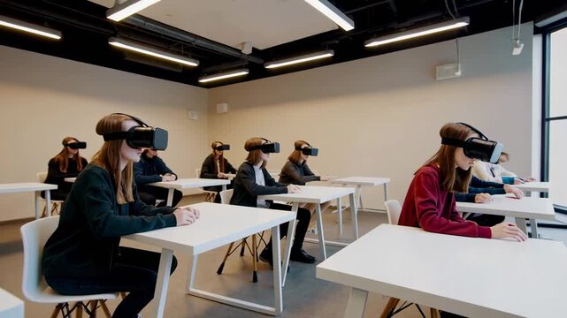 High school students are immersed in virtual reality during a lesson, experiencing innovative education with vr headsets in a bright, modern classroom