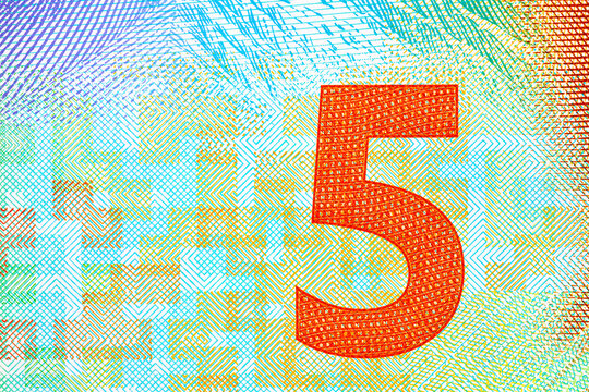 Detailed Macro of New Zealand 5 Dollar Banknote Currency. New Polymer Money of New Zealand.