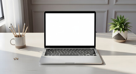 Fototapeta premium Modern laptop with blank screen and workspace essentials on white table