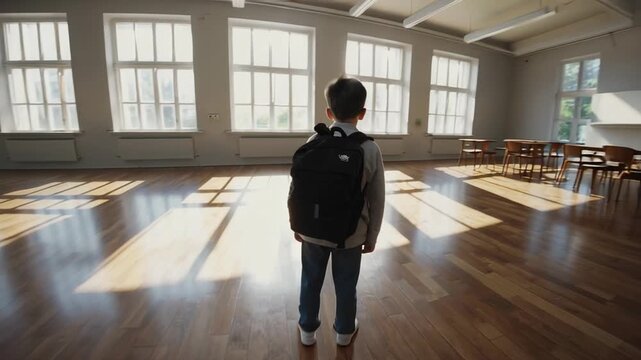 Elementary school pupil with backpack walking into large empty classroom with many windows and wooden floor at the beginning of school year