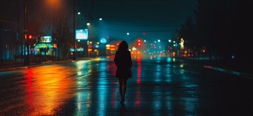 Woman walking alone on wet street reflecting neon lights. Woman walking away on an empty city street at night with colorful light reflections