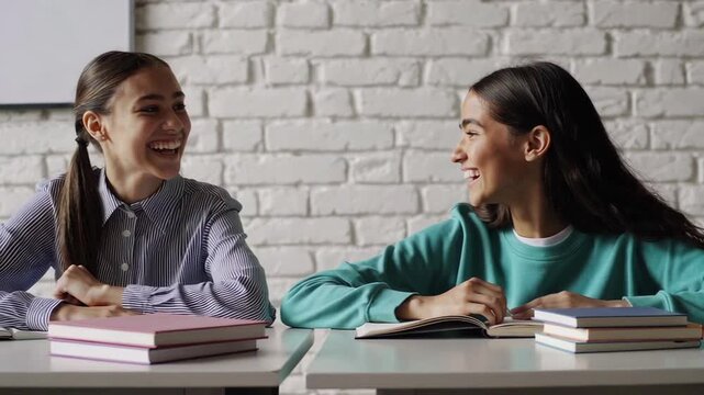 Cheerful teenage classmates sharing laughter and engaging conversation while sitting at desks with learning materials in vibrant classroom setting