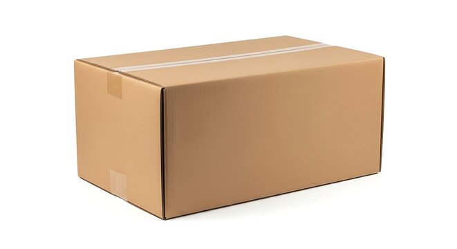 Brown cardboard box with white packing tape on white background closed box rectangular shape packaging