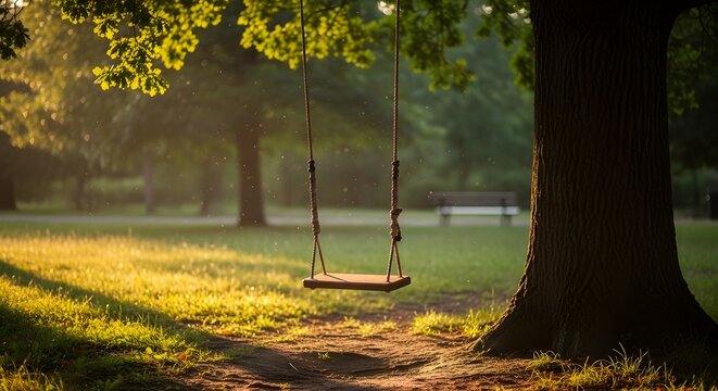 An empty wooden rope swing hangs from a majestic tree in a tranquil park, bathed in the warm, golden light of a summer sunset.