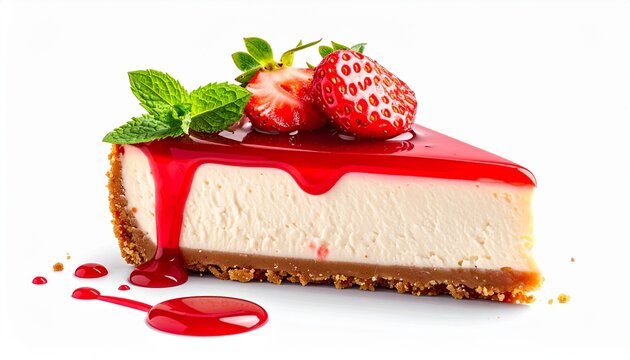 Delicious Strawberry Cheesecake Slice with Fresh Mint and Berry Topping on White Background Sweet Dessert.