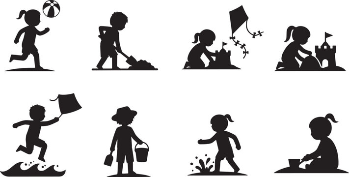 Silhouette illustrations of children playing at the beach in various fun activities