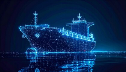 Fototapeta premium Abstract Hologram of a Cargo Ship for Modern Transportation and Global Trade Visualization in Dark Blue.