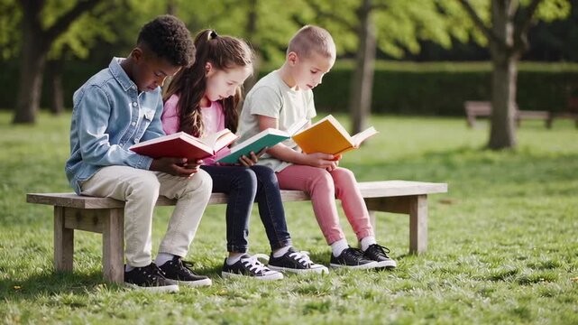 Young pupils reading books together on sunny park bench, sharing knowledge and enjoying literary exploration amid lush green surroundings