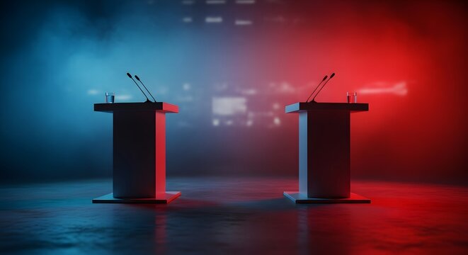 Empty television studio prepared for a political debate with two podiums under dramatic red and blue lighting in a smoky environment.