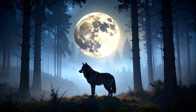 Majestic wolf silhouette under a luminous full moon in a misty forest at night fantasy scene.