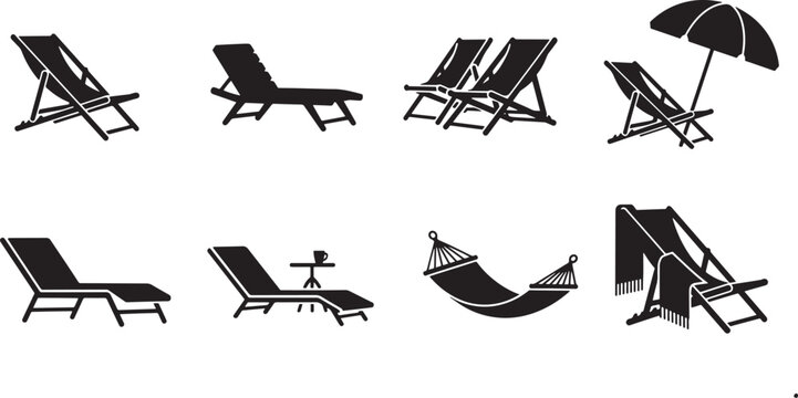 Collection of beach chairs, hammocks, and umbrellas in black silhouette