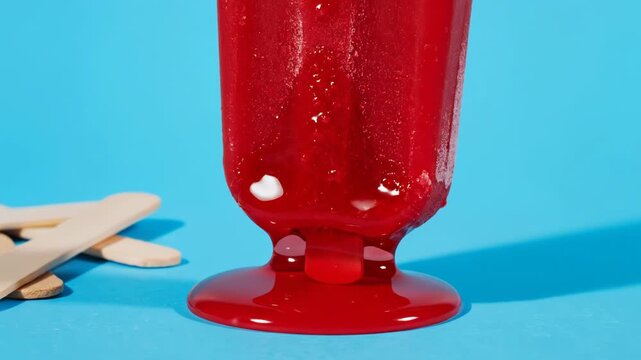 A red popsicle with a stick on a blue background with wooden sticks