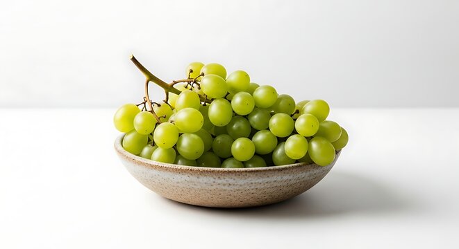 Lush Green Grapes in a Textured Ceramic Bowl on White