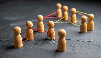 Obraz premium Connected Wooden Figurines: Social Network Teamwork and Global Communication Concept.