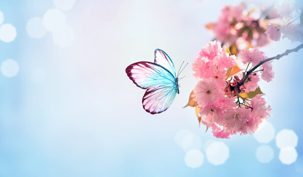 Branch of blossoming sakura cherry on spring background, butterfly in spring on nature outdoors.