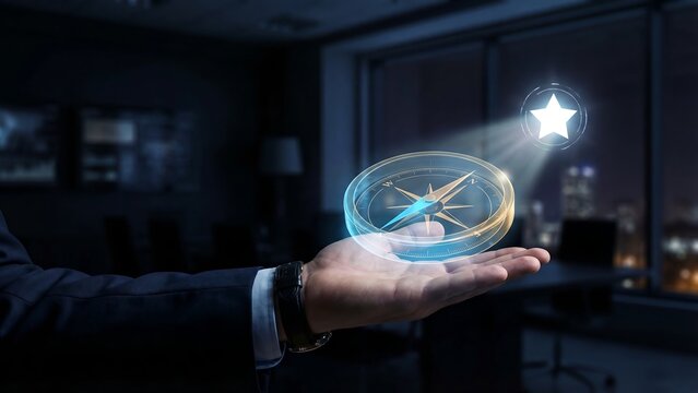 Businessman holding glowing compass with star in modern office at night