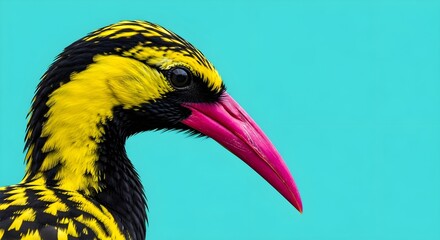 Obraz premium Close-up of colorful bird head with pink beak on turquoise background