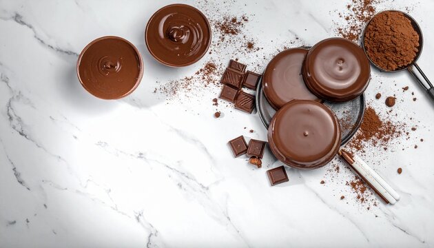 Melted dark chocolate in bowls, with cubes and cocoa powder, showcasing gourmet dessert preparation