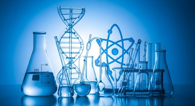 Blue laboratory equipment and science symbols