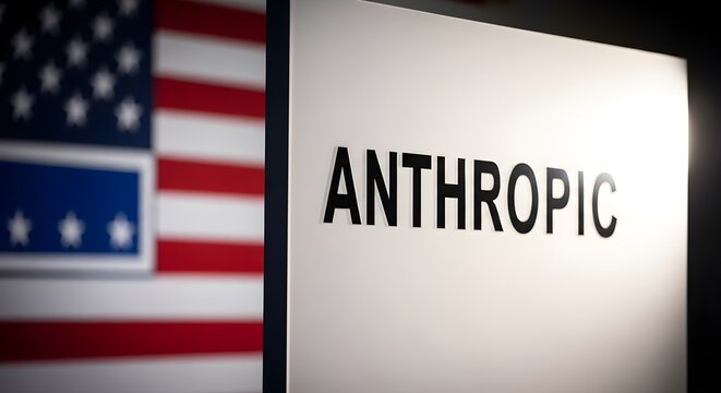 Close-up of sign with 'ANTHROPIC' text beside American flag