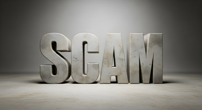 3D SCAM text in stone letters on gray background