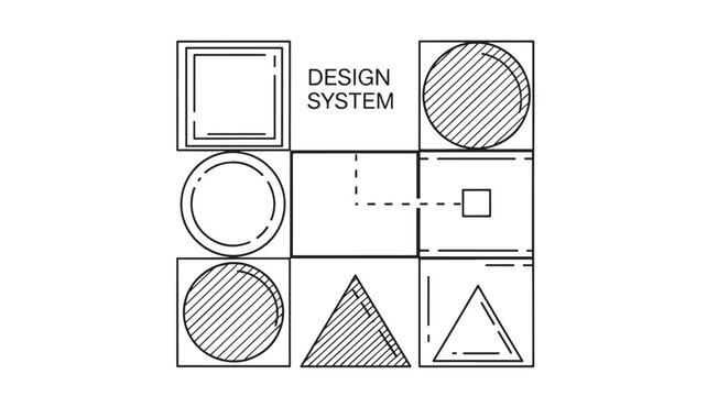 Design system icons set with squares, circles, and triangles in black and white diagonal hatching styles