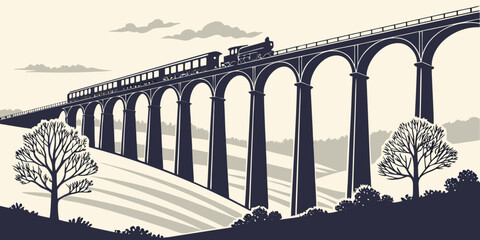 A majestic train crossing a long, historic bridge over a serene river valley © Mamun
