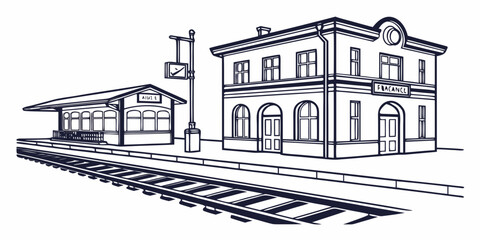 A vintage train station with a steam locomotive and a historic building © Mamun