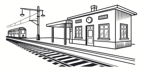 A vintage train station with a clock tower and an approaching train on the tracks © Mamun