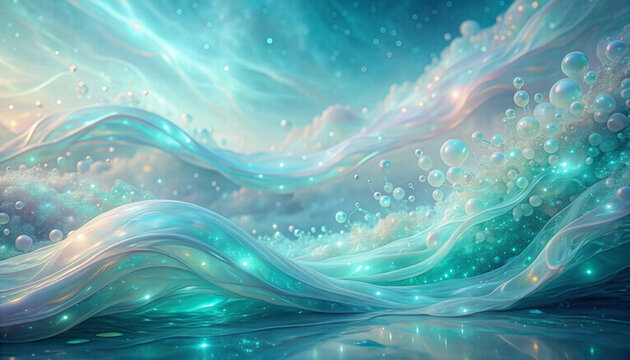 Magical Turquoise Waves with Sparkling Pearls and Ethereal Light　きらめく真珠と神秘的な光を伴う魔法のようなターコイズブルーの波　イラスト