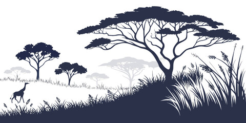 Silhouettes of giraffes and trees against a sunset sky in the savannah. © Mamun