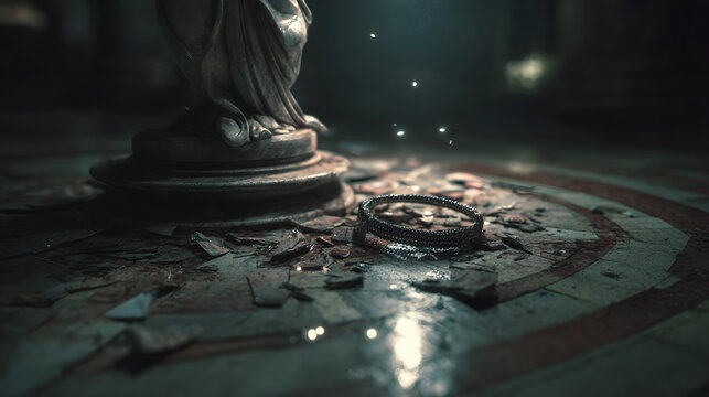 Shattered halo on stone floor beneath towering statue, overhead spotlight, 85mm macro, dramatic symbolism