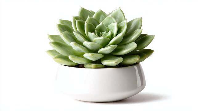 Green desert flower, echeveria agavoides, sits alone on white. This houseplant, shaped like a rose, is a distinct element.