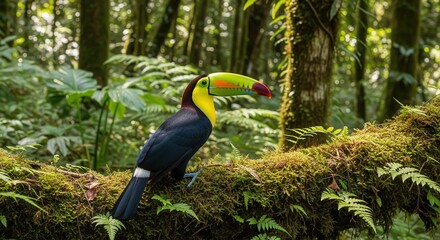 Fototapeta premium A colorful toucan with a striking yellow and red beak perches on a moss-covered branch in a lush tropical forest. Dark plumage with white markings stands out against dense green jungle vegetation.