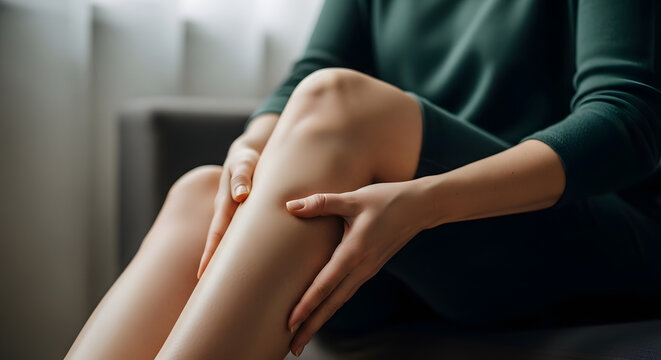 European Woman Examining Swollen Leg Veins Showing Early Signs of Varicose Veins and Circulation Problems