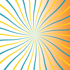 Obraz premium Abstract sunburst background with swirling teal and yellow lines on a soft orange gradient base Vector