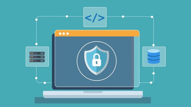 Animated flat illustration of a laptop displaying cloud security dashboard with shield protection, server, and database interface on a minimal background.