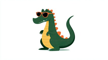 Obraz premium Cartoon dragon dinosaur in sunglasses, like a sticker, sits on a website or in graphics.
