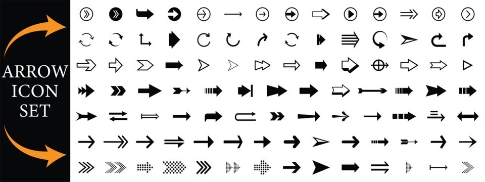 Arrows icon set. Black vector arrows icons. Collection different arrows sign. Line Arrow vector icon set in thin line style. Modern simple arrows. Black arrow pointing to the right.