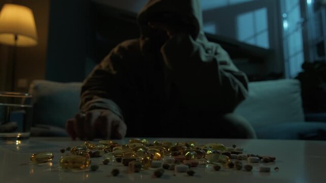 Lonely man sitting on a sofa at night surrounded by pills, struggling with the decision to take medication. Emotional distress, inner conflict and psychological tension, moment of weakness and