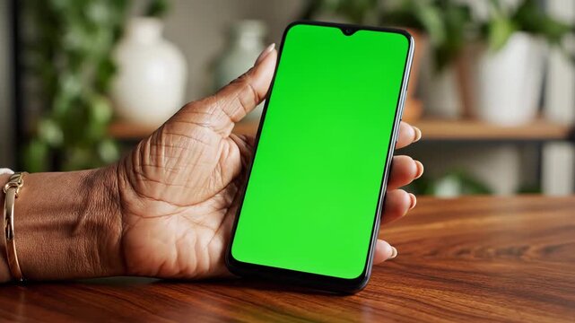 Person holding mobile device with green screen display for custom content