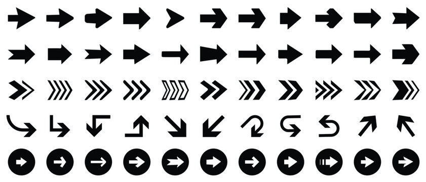Arrow vector icon set. Modern simple arrows. Black arrow pointing to the right. arrow cursor collection, different arrow signs, Collection of doodle arrows, lines, symbol, pointing mark, shapes on whi